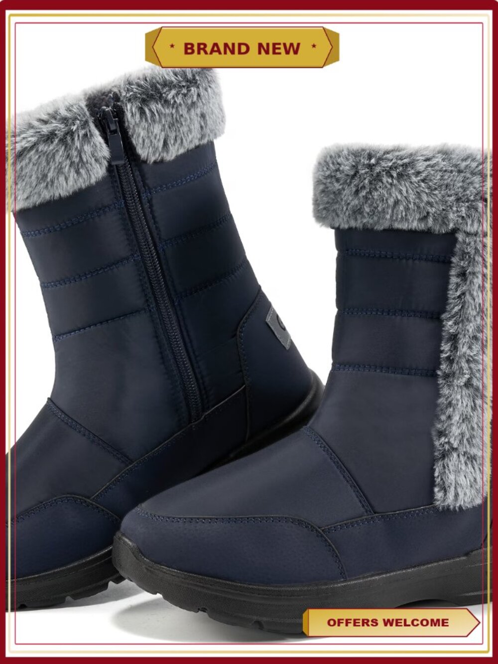 Mid Calf Waterproof Winter Snow Boots Warm Faux Fur Lined Fashion Hiking